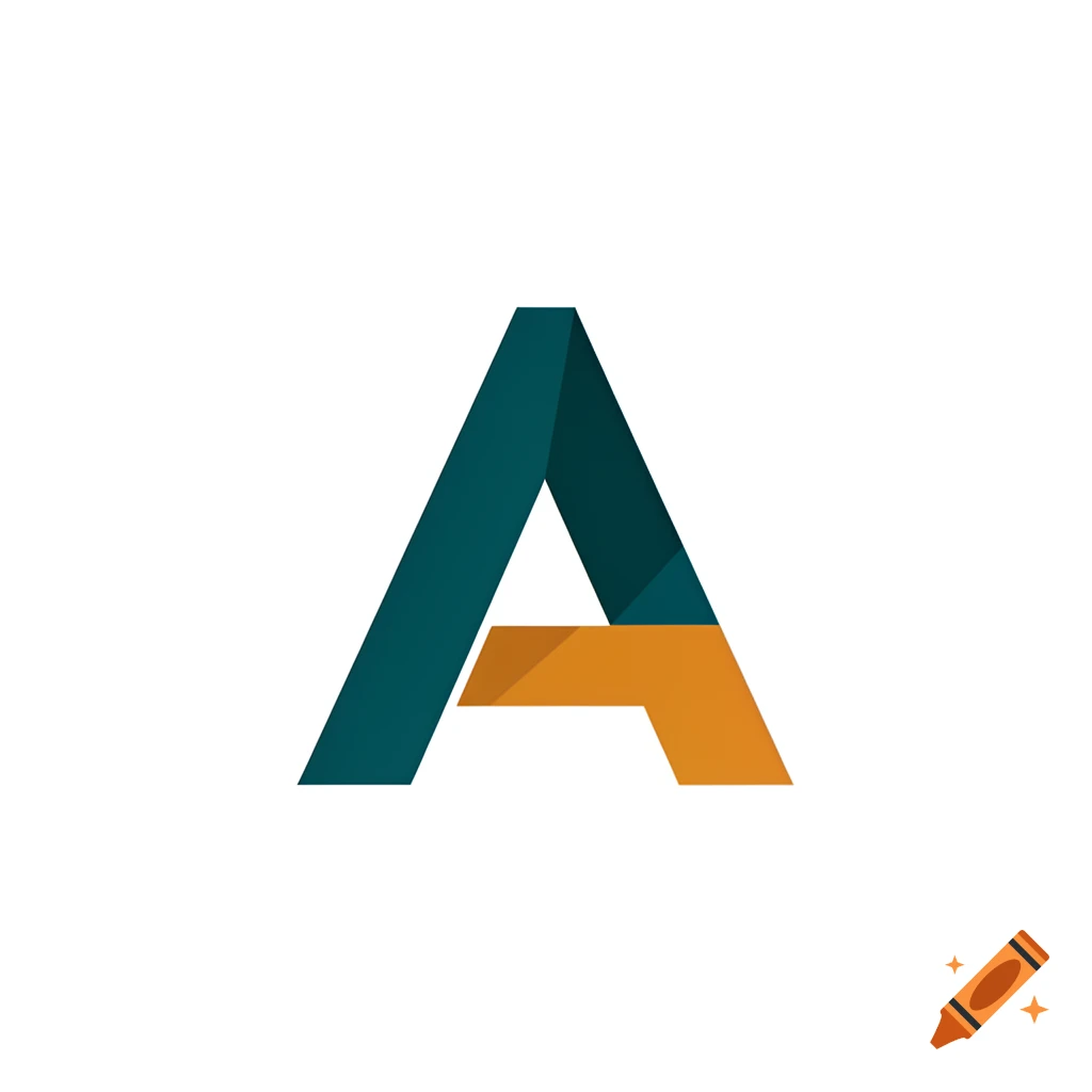 Minimalist graphic design of the letter A in dark teal and orange with a folded ribbon effect.