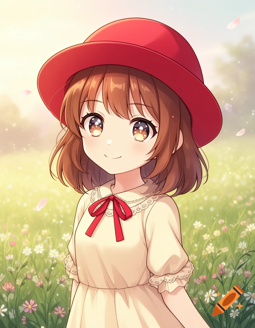 An anime-style illustration of a smiling girl with brown hair and a red hat, standing in a sunny field of flowers.