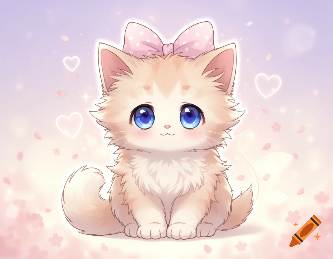 An anime-style fluffy kitten with big blue eyes and a pink polka dot bow sitting amidst glowing hearts and cherry blossoms.