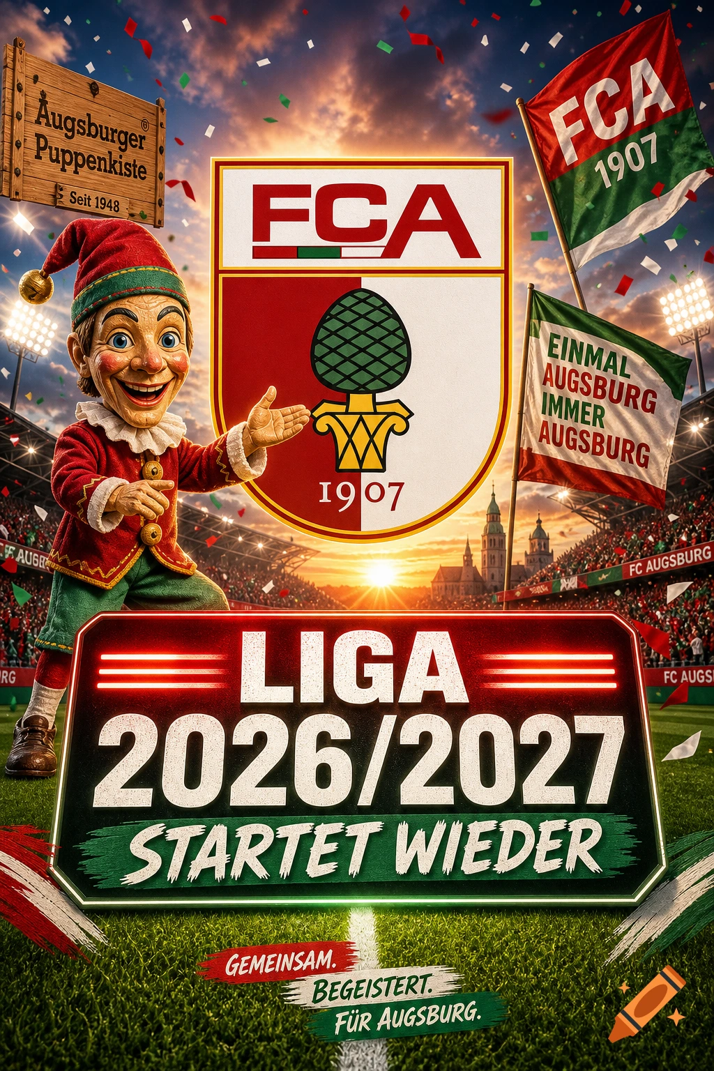 Augsburg football club promotional poster with the FCA logo, the Kasperle puppet, stadium background, and Liga 2026/2027 text.