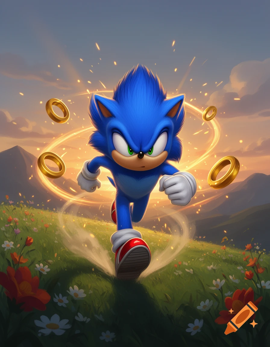 Digital illustration of Sonic the Hedgehog running forward through a vibrant grassy field with glowing gold rings and sunset background.