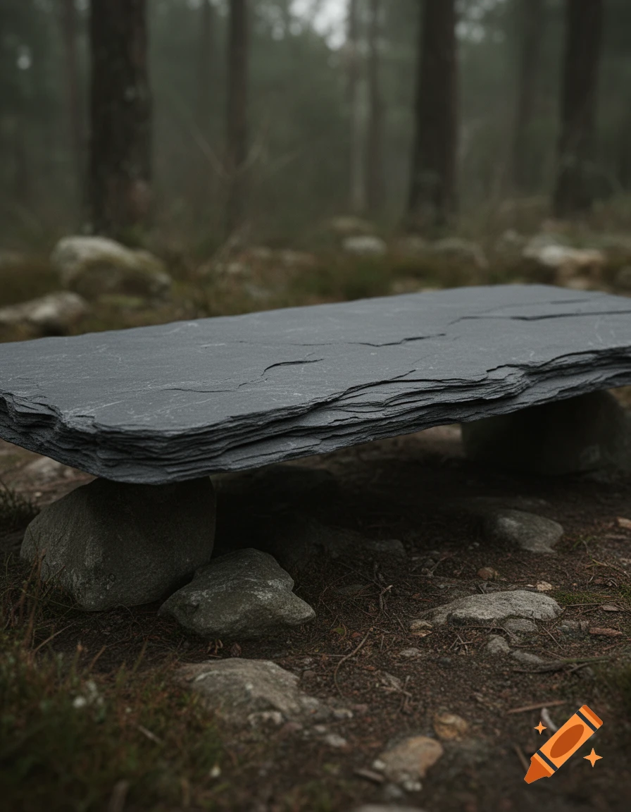 A photorealistic slate rock platform bench resting on stones in a foggy forest.