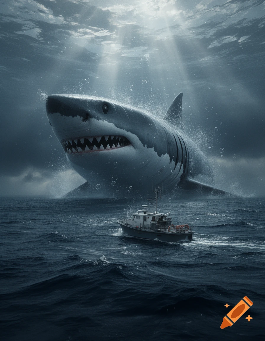 A massive great white shark swimming near the surface beside a small boat in a stormy ocean, photorealistic style.