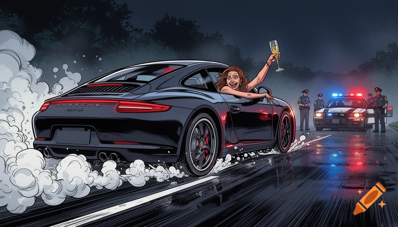 Comic style illustration of a woman holding a champagne glass while leaning out of a black Porsche driving away from a police roadblock at night.