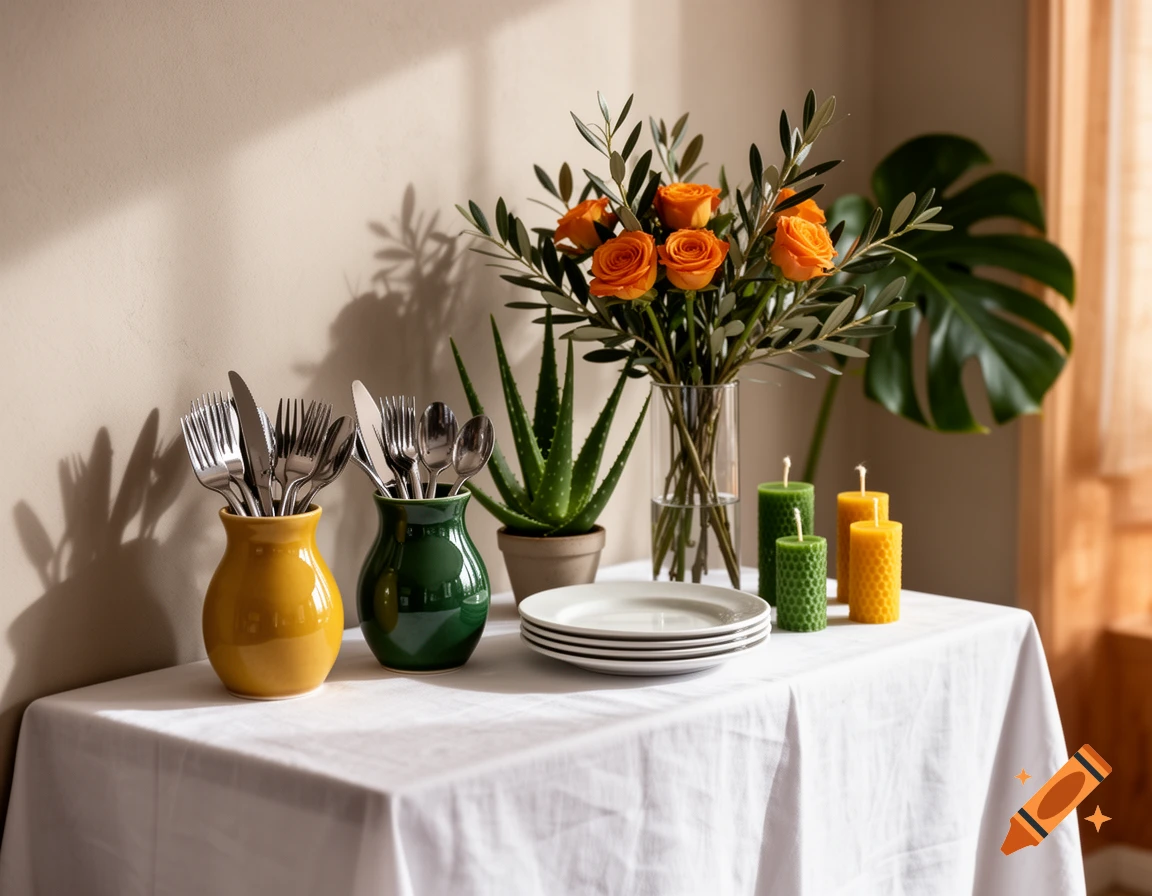 Photorealistic still life of a table covered with a white tablecloth featuring colorful pottery with cutlery, plates, flowers, and candles.