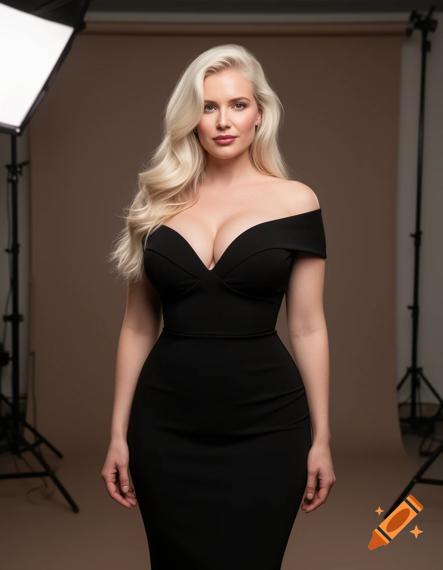 Photorealistic studio portrait of a blonde woman wearing a black off-the-shoulder dress.