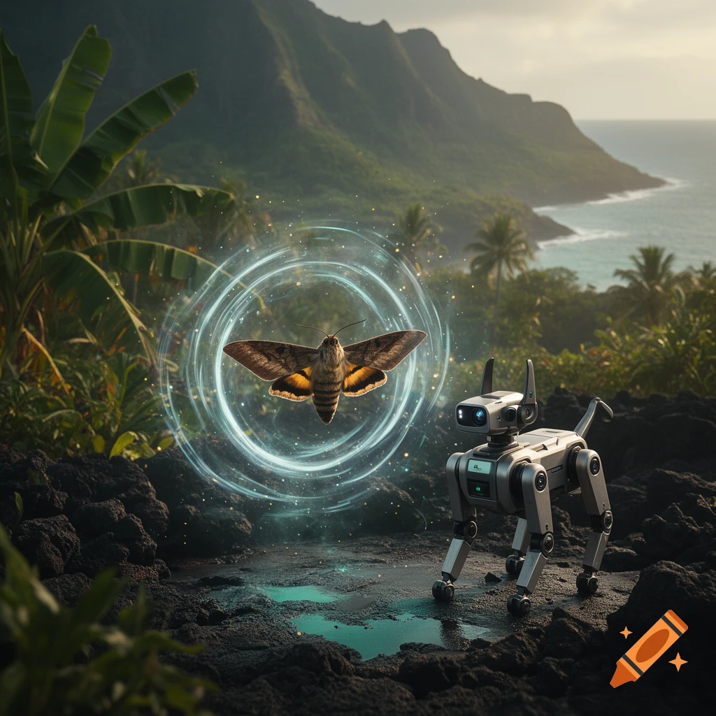 A photorealistic hawk moth hovering inside a glowing teleportation portal in a Hawaiian coastal landscape, next to a small robot dog.