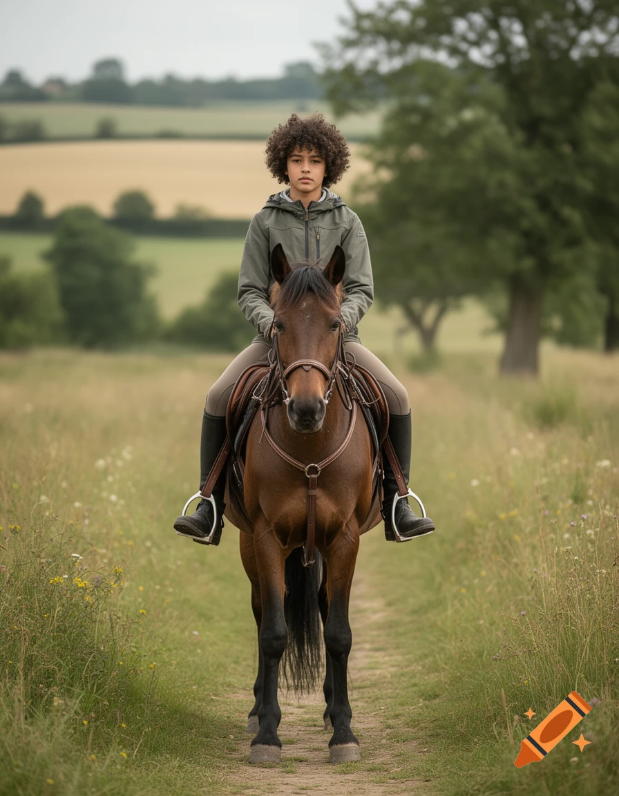 Photorealistic image of a teenager with curly dark hair riding a brown horse on a path in a grassy field.