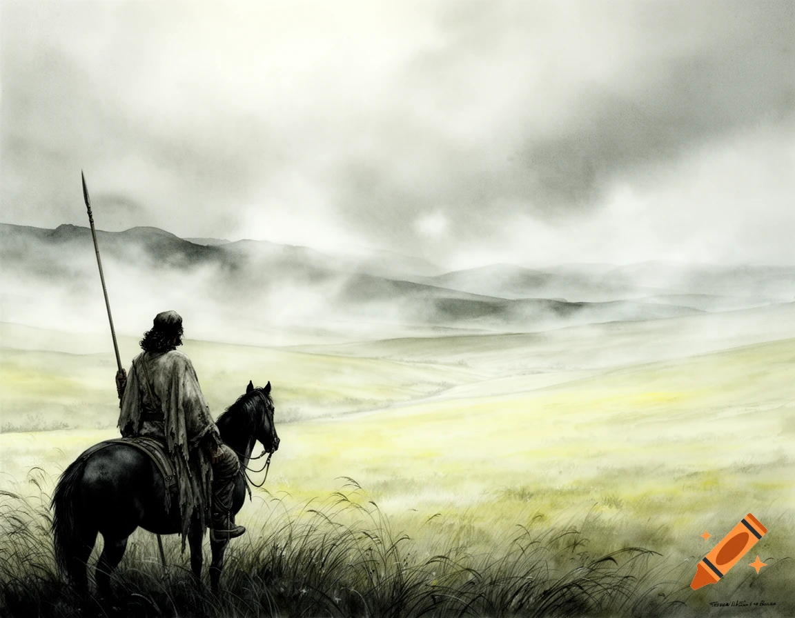 Watercolor painting of a man on horseback holding a spear, gazing at a distant foggy steppe.