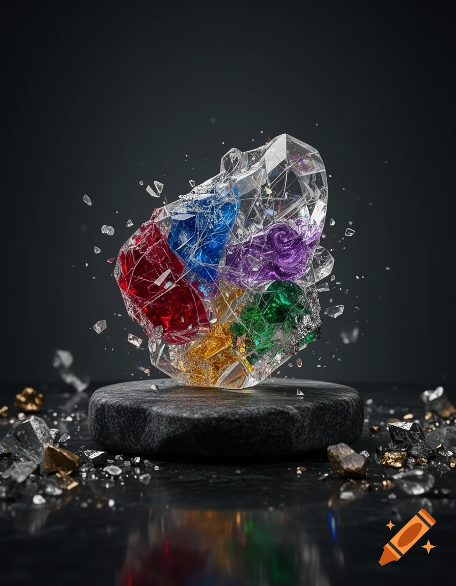 A photorealistic image of a floating, chaotic crystal with multicolored internal elements and sharp shards, resting on a dark stone pedestal.