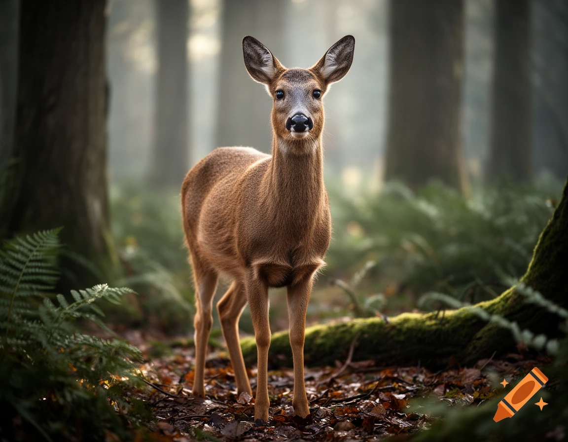Photorealistic image of a deer standing in a misty forest.