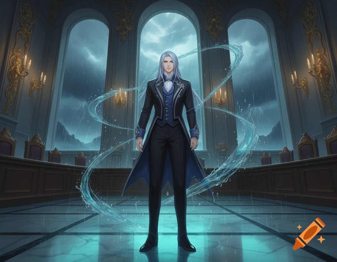 Digital anime illustration of Neuvillette in a formal suit with flowing water streams inside a grand gothic hall.