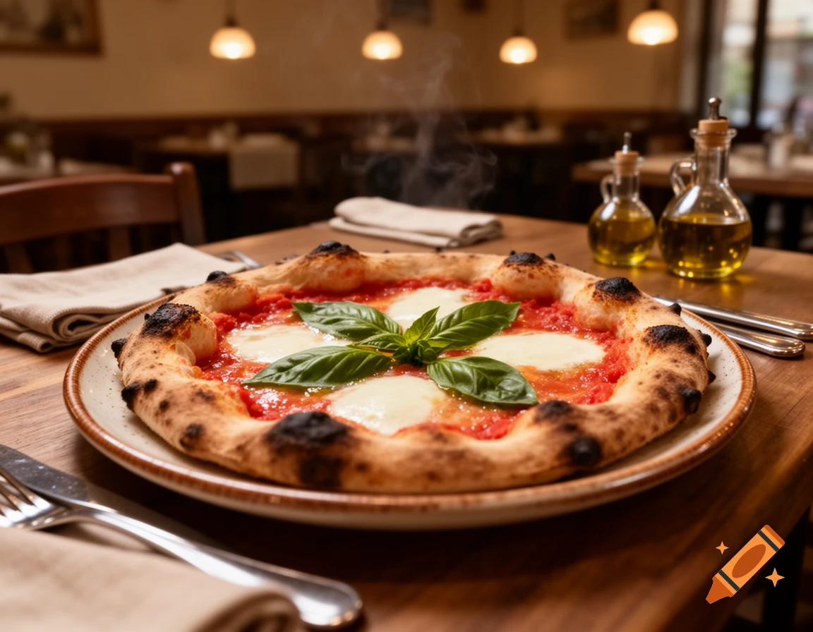 Photorealistic image of a freshly baked margherita pizza on a plate at a restaurant table, with olive oil bottles in the background.