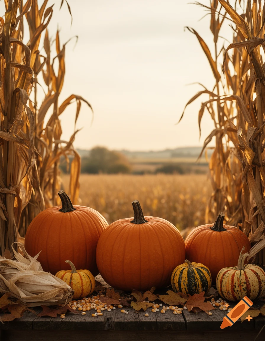 Photorealistic arrangement of pumpkins and corn stalks on a wooden table with a field in the background.
