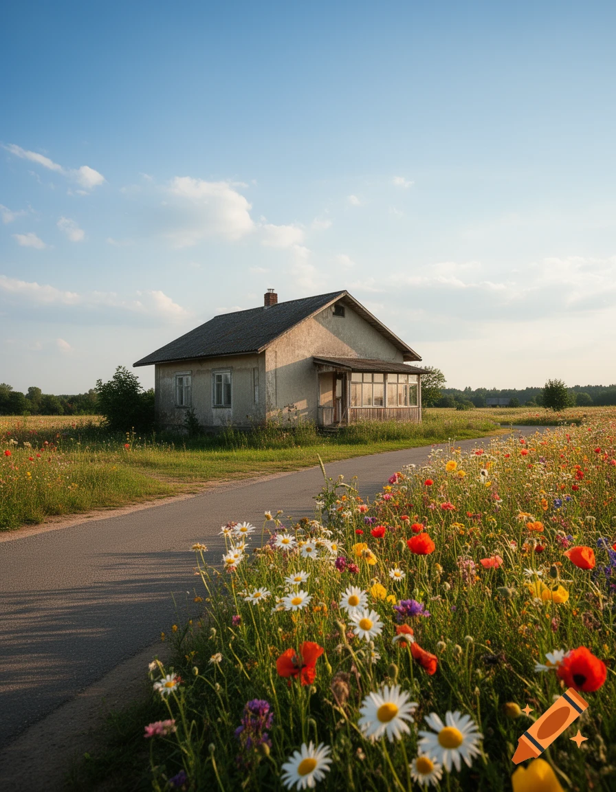 Photorealistic image of a rustic house beside a winding road filled with vibrant wildflowers under a blue sky.