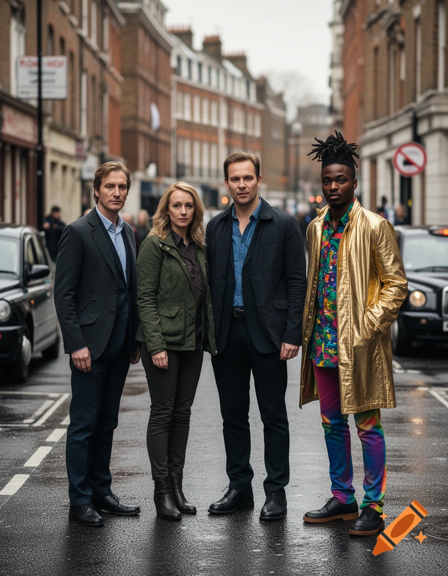 Photorealistic group of four diverse British secret agents standing on a rainy London street.