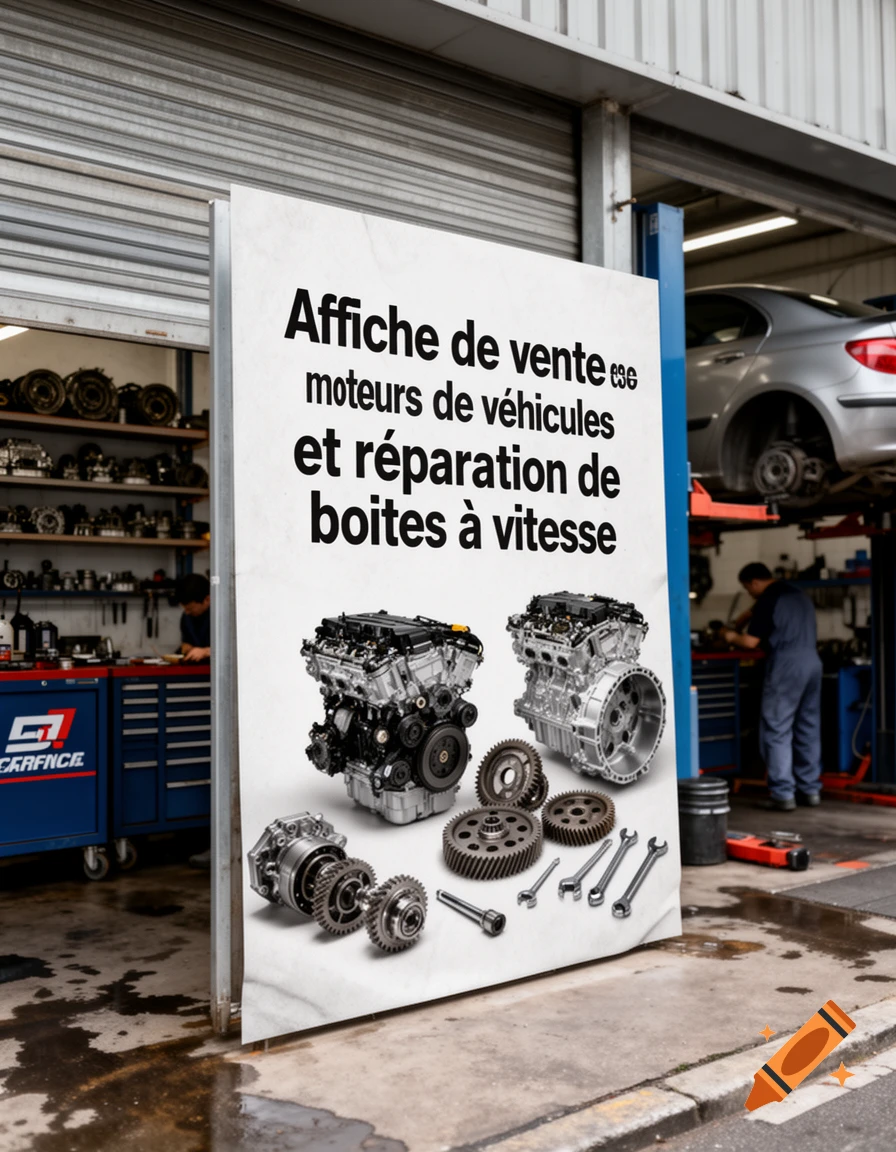 A large vertical sign in an auto repair shop displaying French text about vehicle engines and gearboxes, surrounded by car parts.