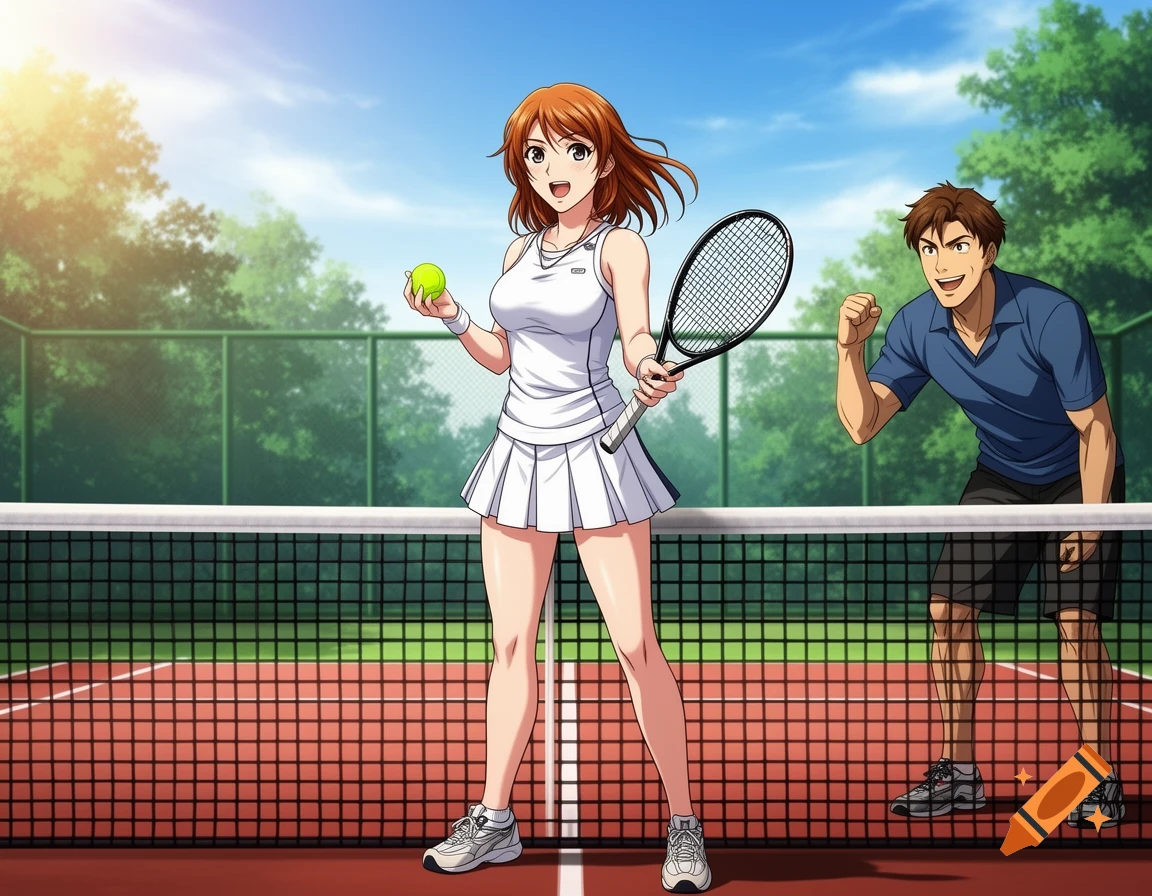 Anime style illustration of a woman holding a tennis ball and racket on a tennis court, with a man cheering behind the net.