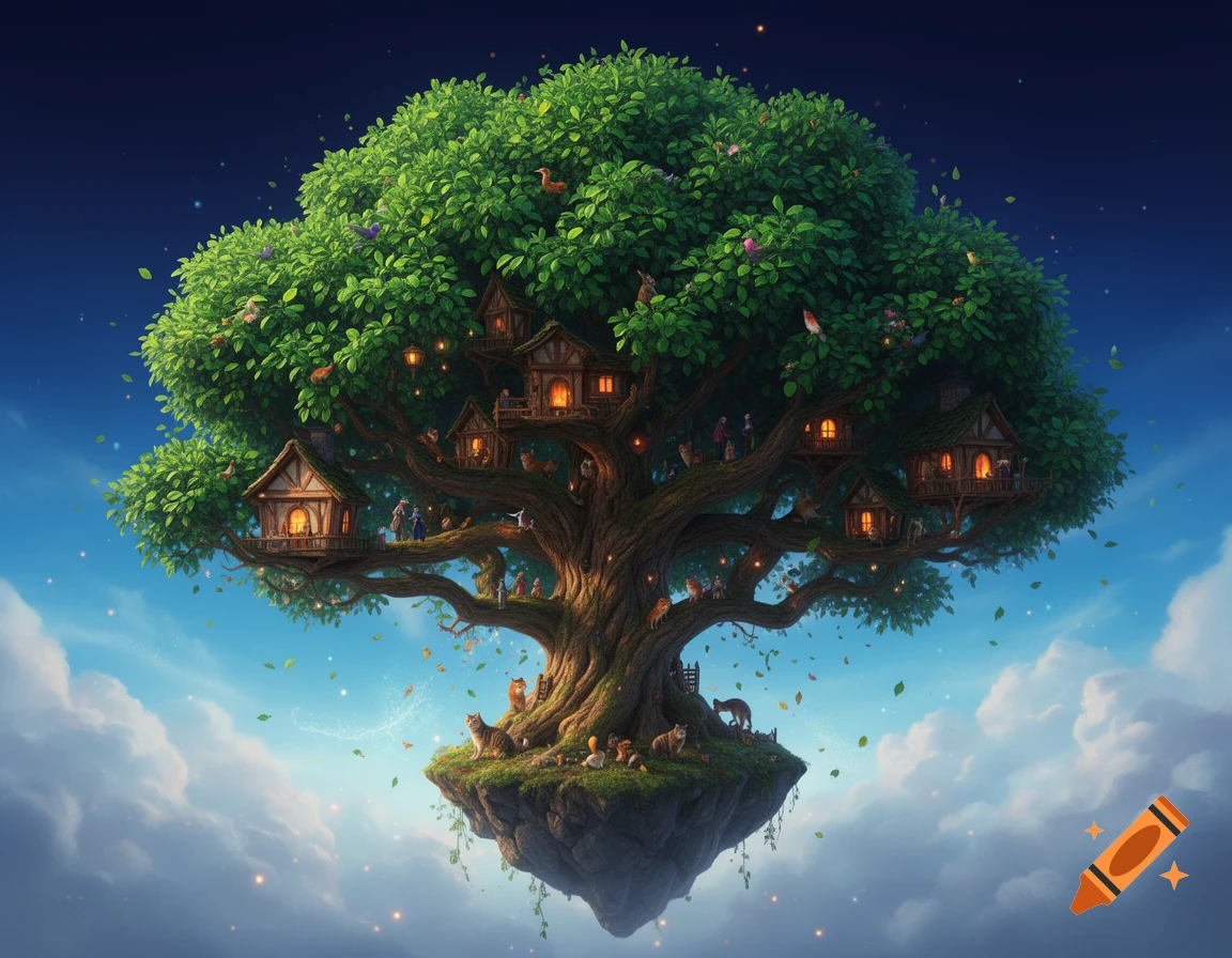 Digital painting of a majestic, massive magical tree with tiny houses on its branches, growing on a floating island against a blue sky.
