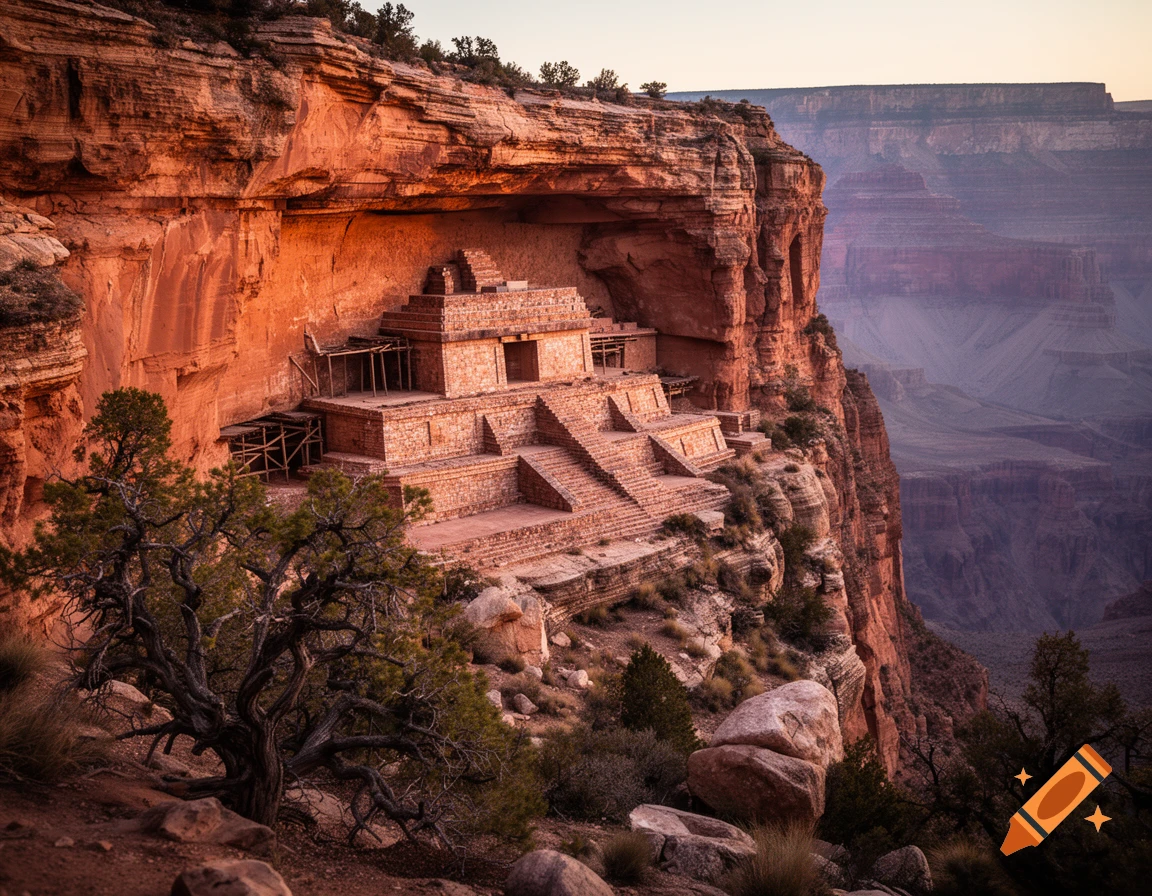 Photorealistic view of a Mayan-style cliff dwelling built into the red rock canyon walls of the Grand Canyon at sunset.