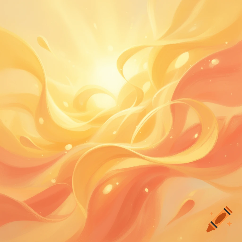 Digital illustration of flowing, playful yellow and coral shapes against a bright golden sunburst.