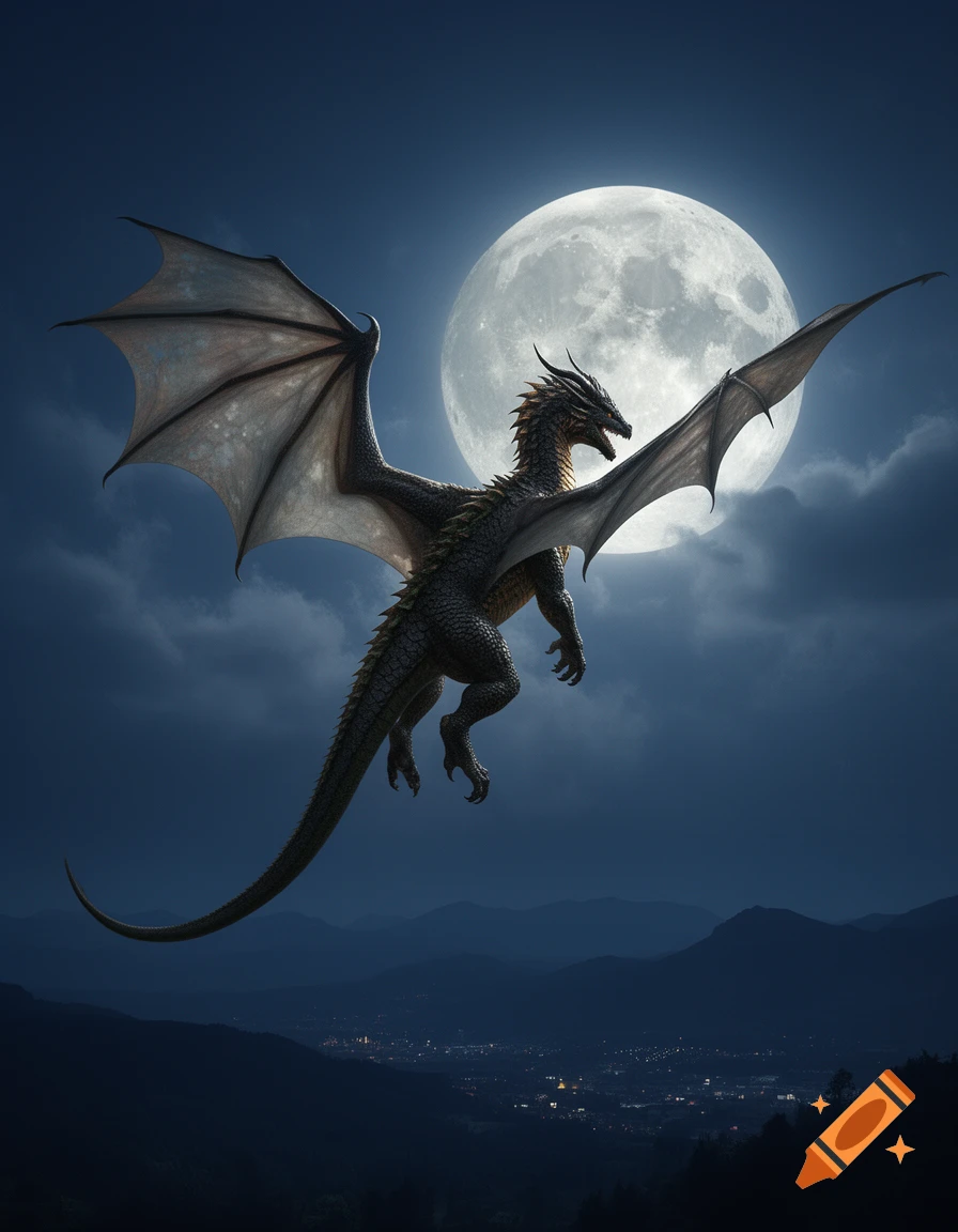 A detailed dark dragon with large wings flying against a full moon in a night sky above a distant city and mountains, photorealistic style.