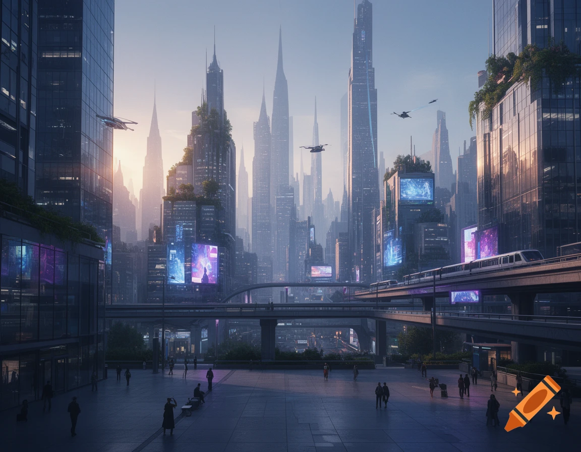 Futuristic New York city skyline at dusk with towering skyscrapers, flying vehicles, and an elevated train system, photorealistic style.