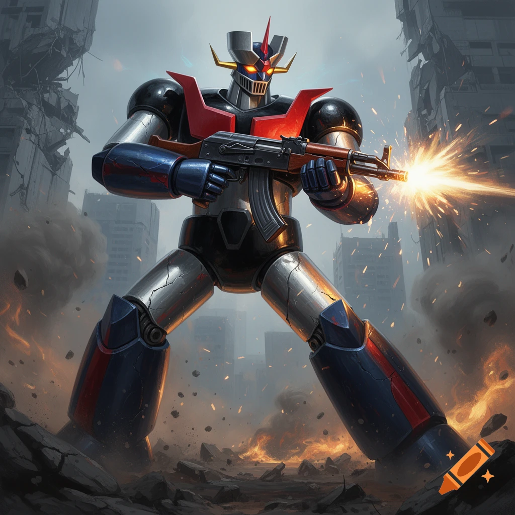 Mazinger Z giant robot firing an assault rifle amidst a ruined cityscape, digital art style.