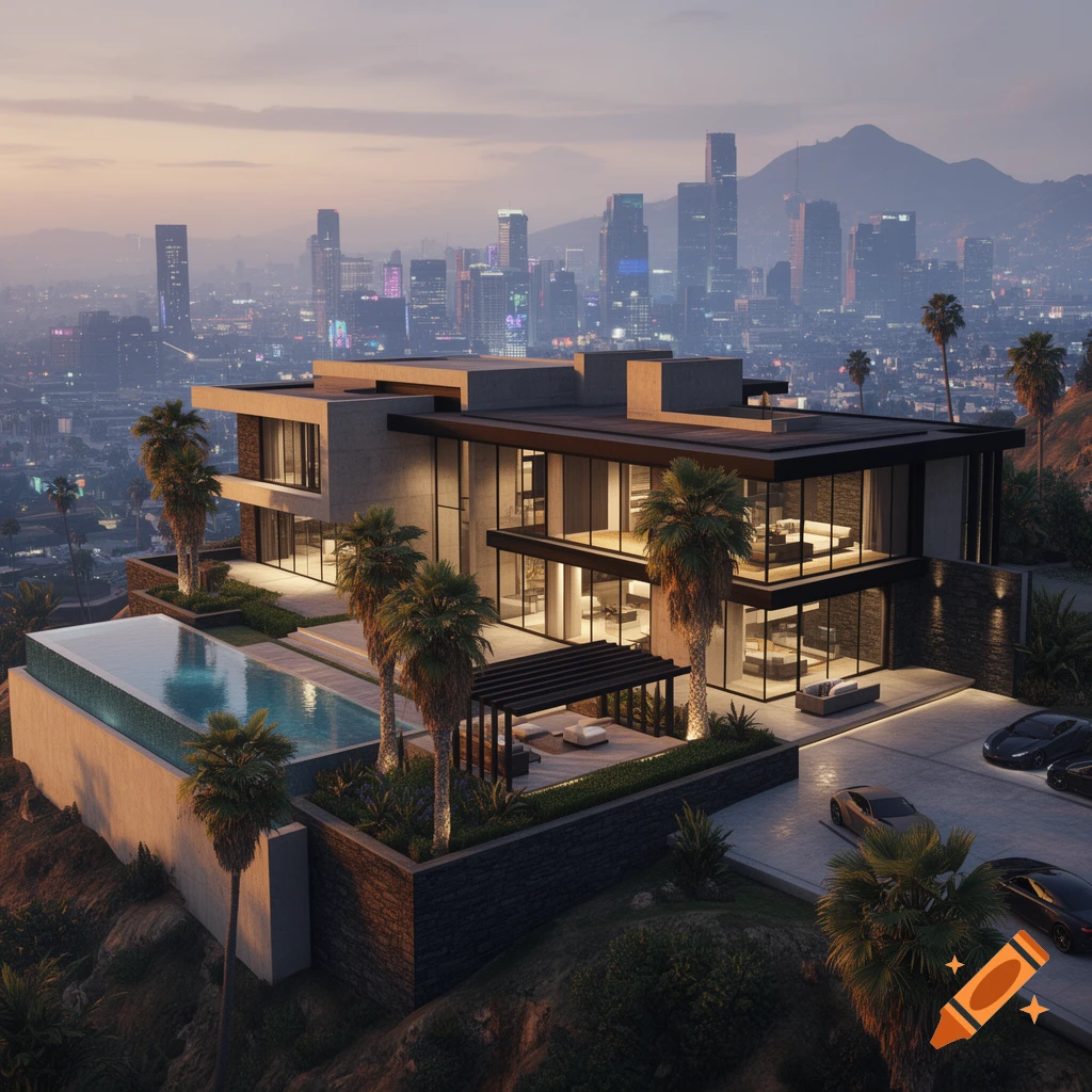 Photorealistic modern luxury mansion on a hill overlooking a city at sunset, featuring a lap pool and sports cars.