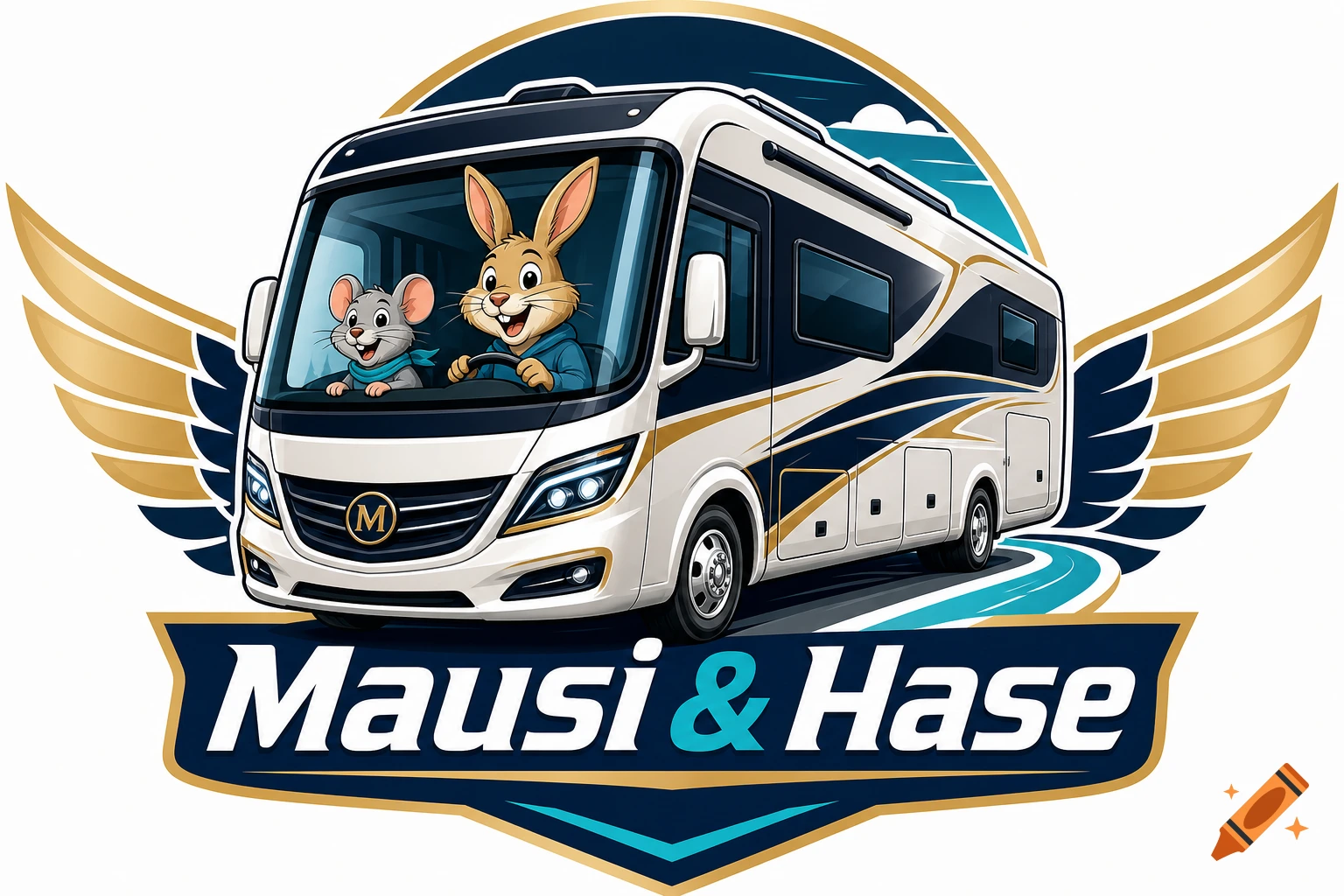 Logo of a modern motorhome with a rabbit driving and a mouse in the passenger seat, featuring the text 'Mausi & Hase'.