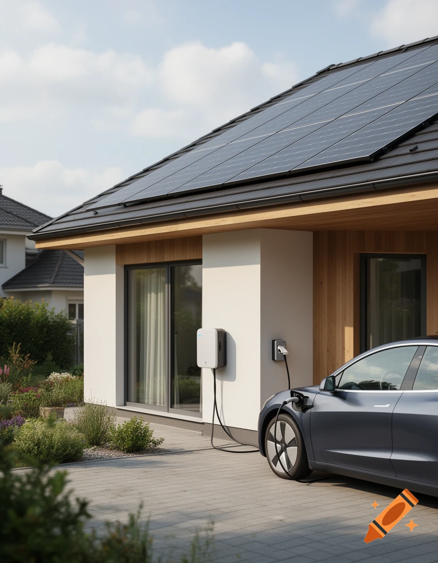 Photorealistic image of a modern house with solar panels on the roof, an EV charger on the wall, and an electric car parked outside.