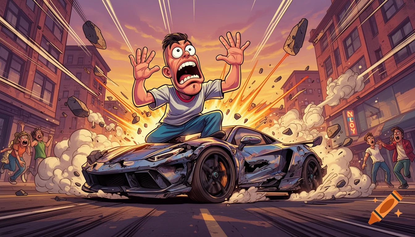 Comic style illustration of a terrified man standing on the hood of a crashing sports car in a city.