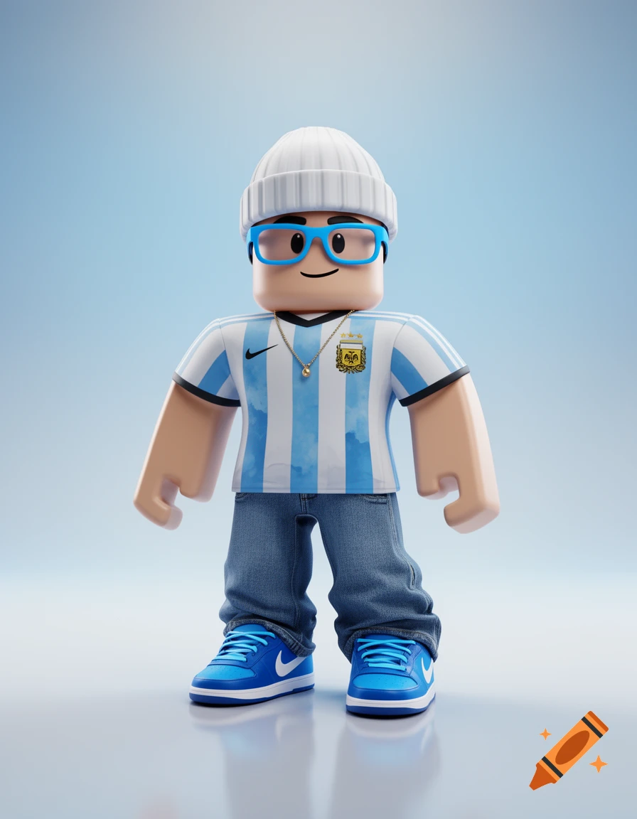 3D render of a Roblox-style character wearing a white beanie, blue glasses, Argentina soccer jersey, baggy jeans, and blue sneakers.