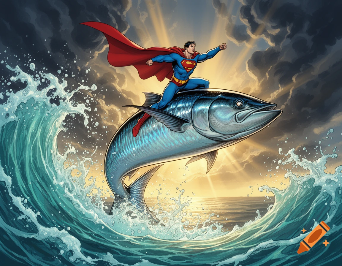 Comic book style illustration of Superman riding a giant blue fish jumping over ocean waves.