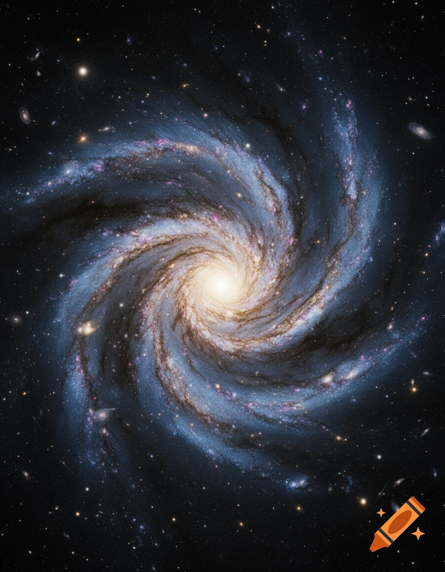 A detailed photograph of a large spiral galaxy with a bright core and glowing blue arms set against a star-filled deep space background.