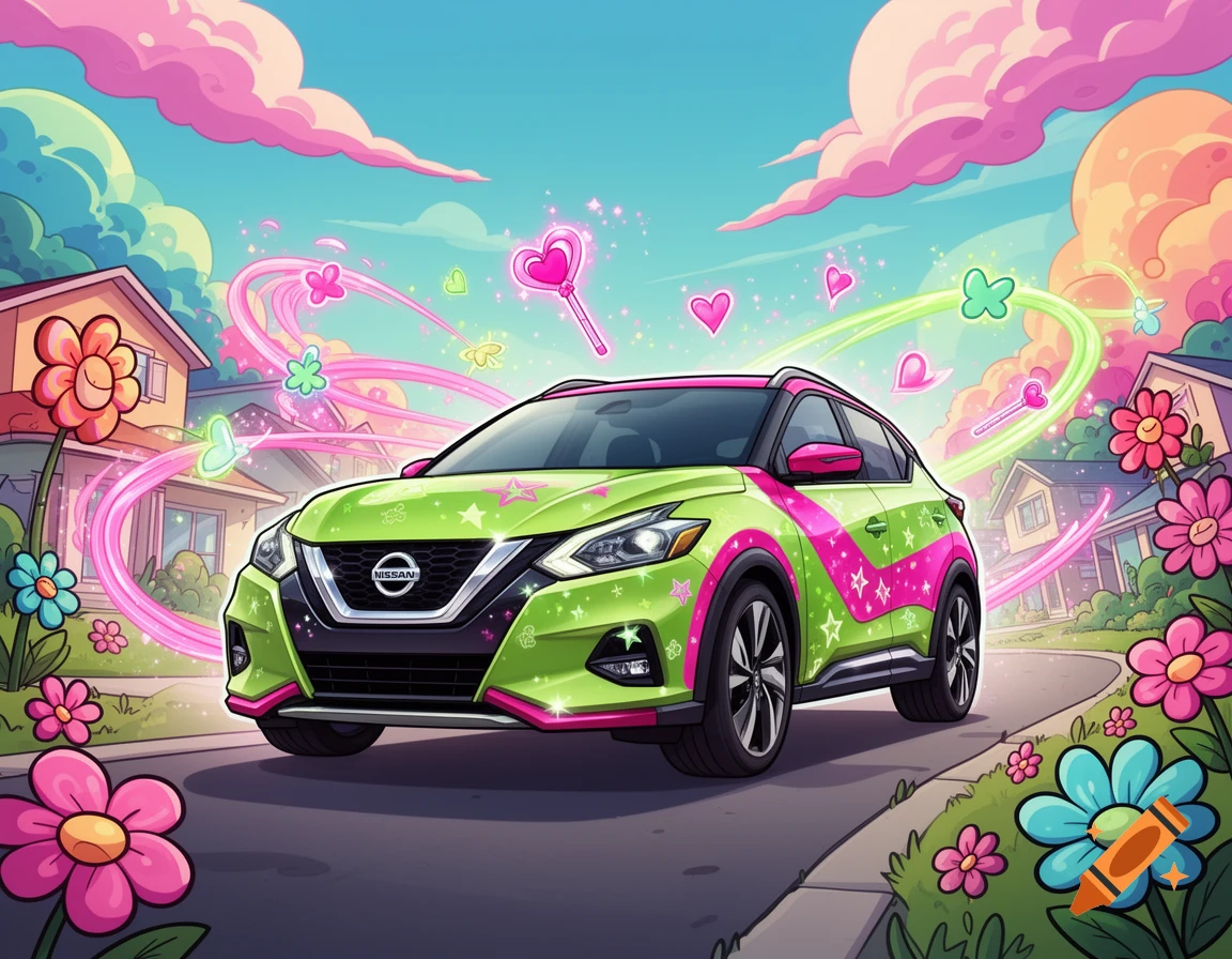 Cartoon style illustration of a lime green and pink Nissan crossover car on a suburban street decorated with magical glowing elements and flowers.