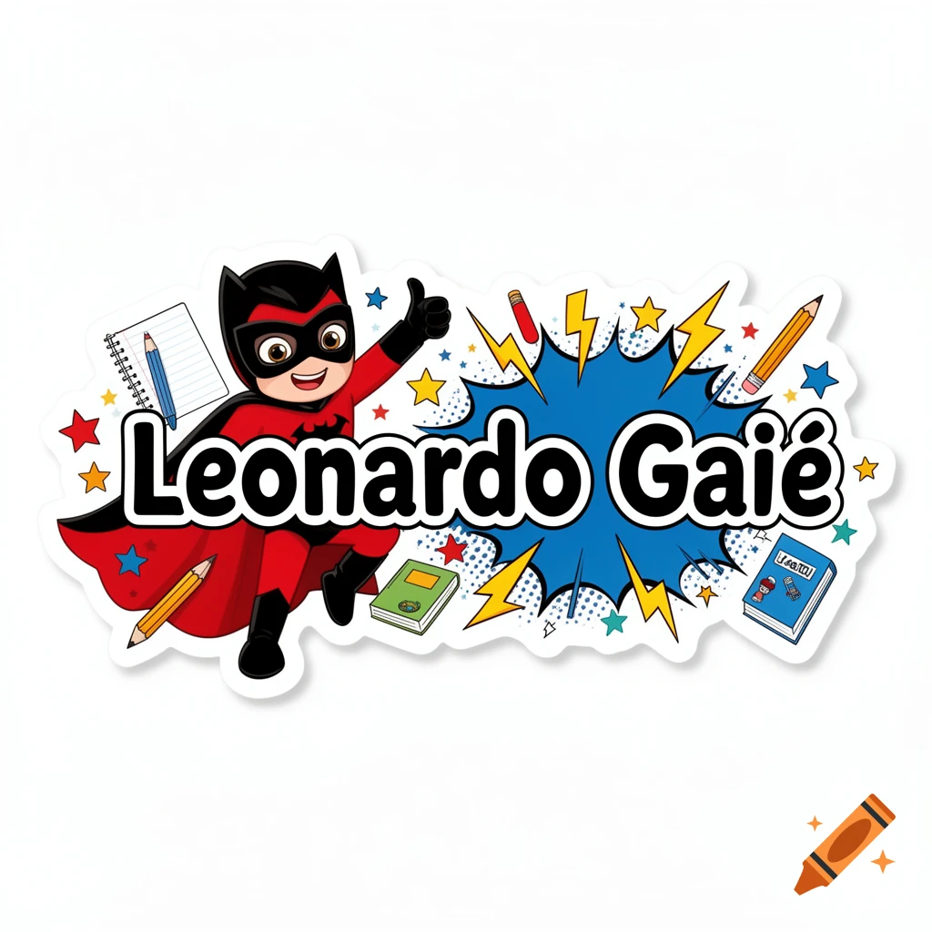 Cartoon superhero in red and black costume with name Leonardo Gaié in bold letters on a sticker design.