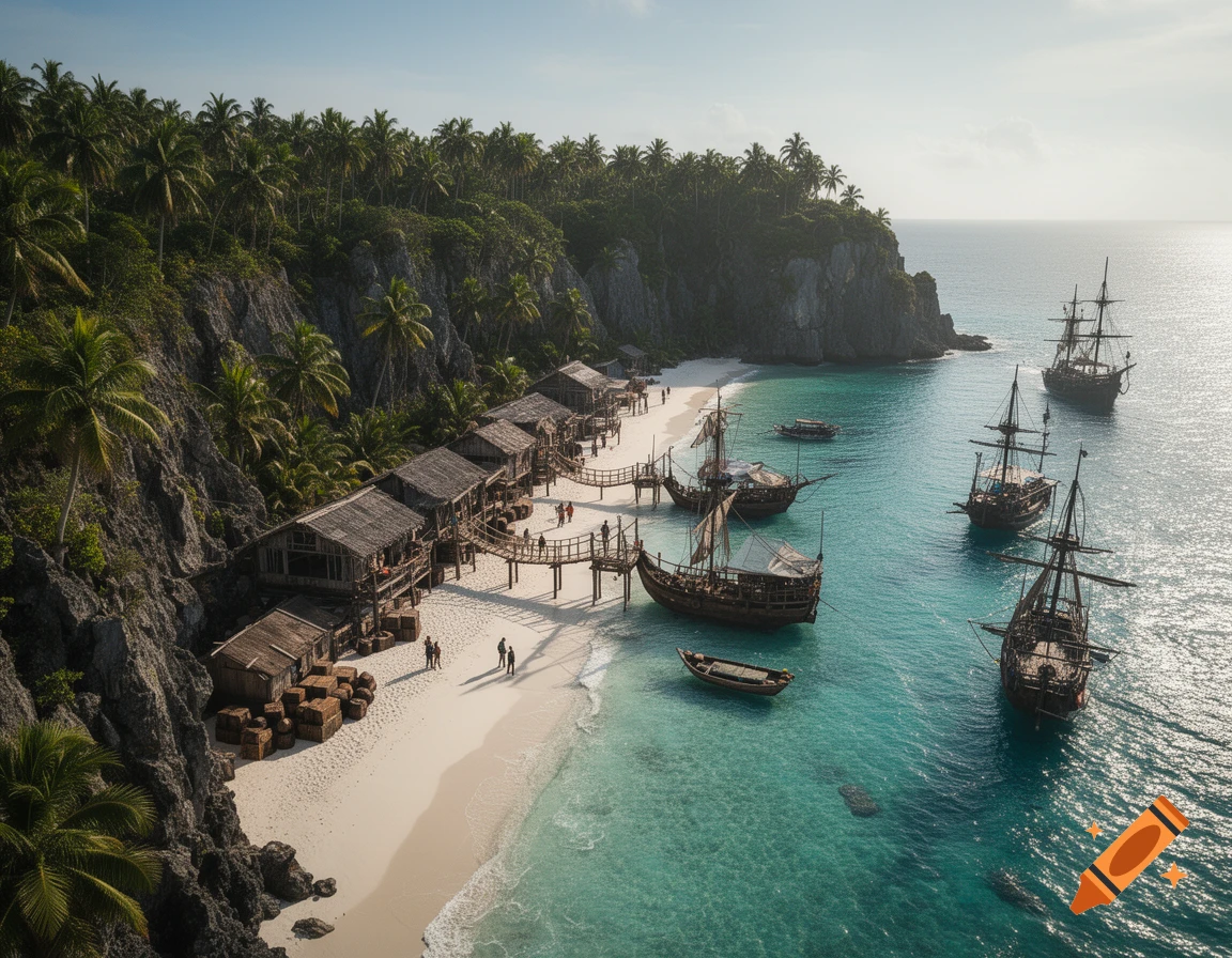 Photorealistic aerial view of a tropical half-moon beach with wooden pirate shacks, cliffs, and anchored wooden ships.