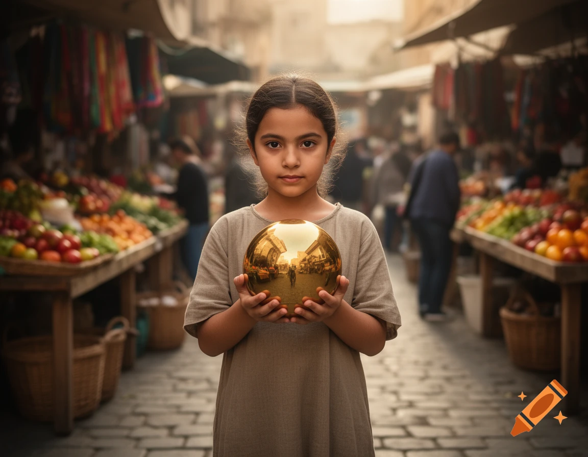 A young girl holding a glowing golden sphere in a bustling market street, photorealistic style.