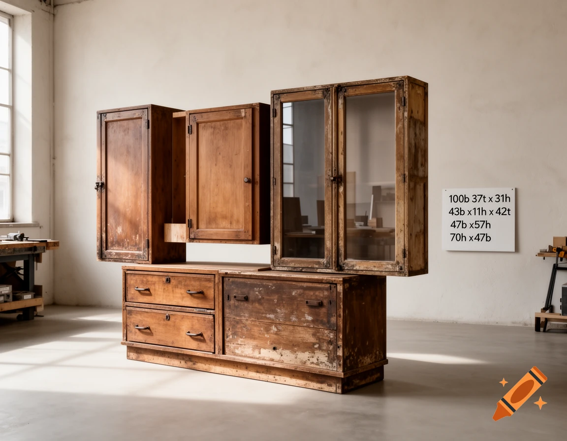 Photograph of wooden furniture installation with cabinets and drawers in a minimalist room.