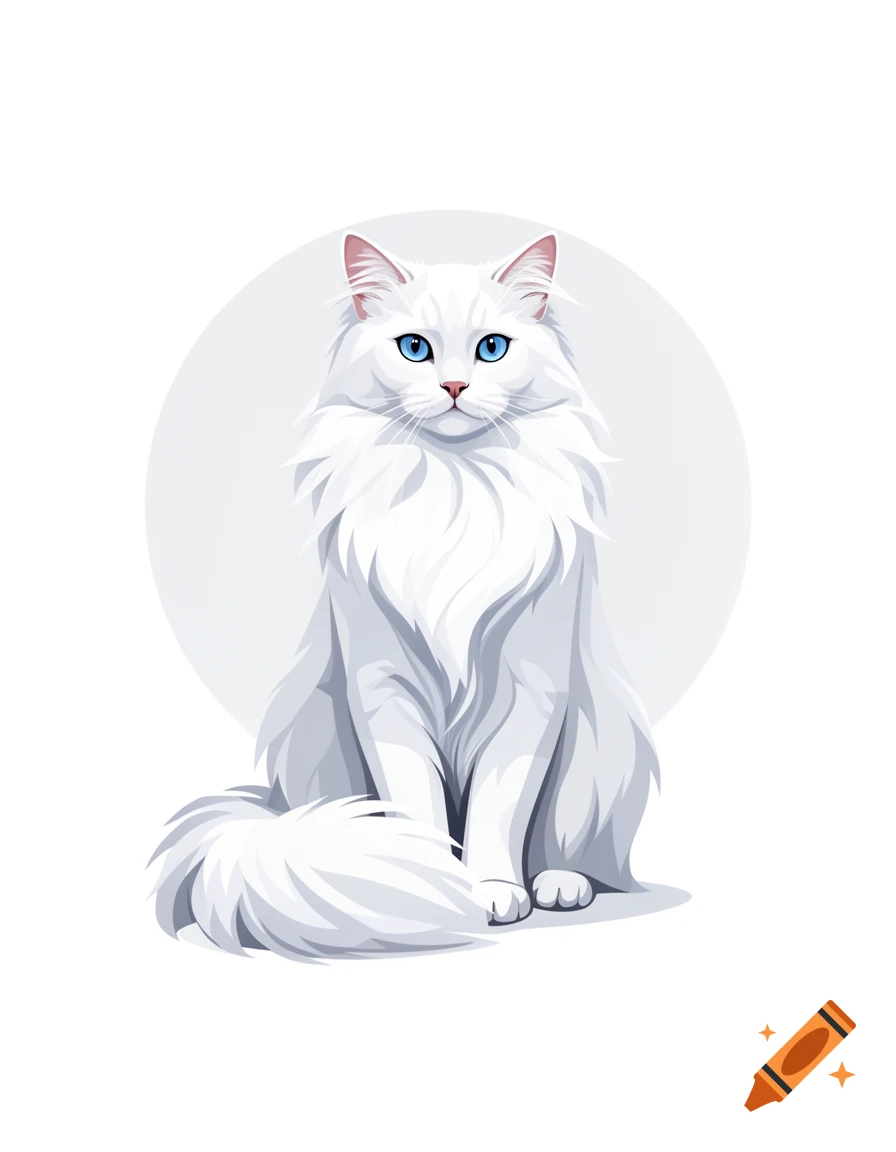 Vector illustration of a white longhaired cat with blue eyes sitting against a light grey circle.