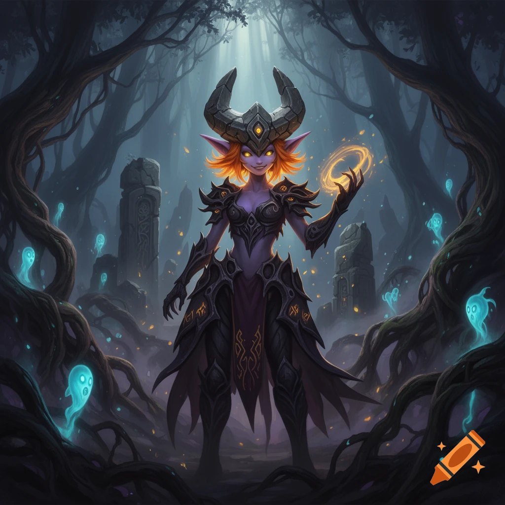 Digital illustration of a horned, purple-skinned fantasy creature in a dark, mystical forest with glowing spirits.