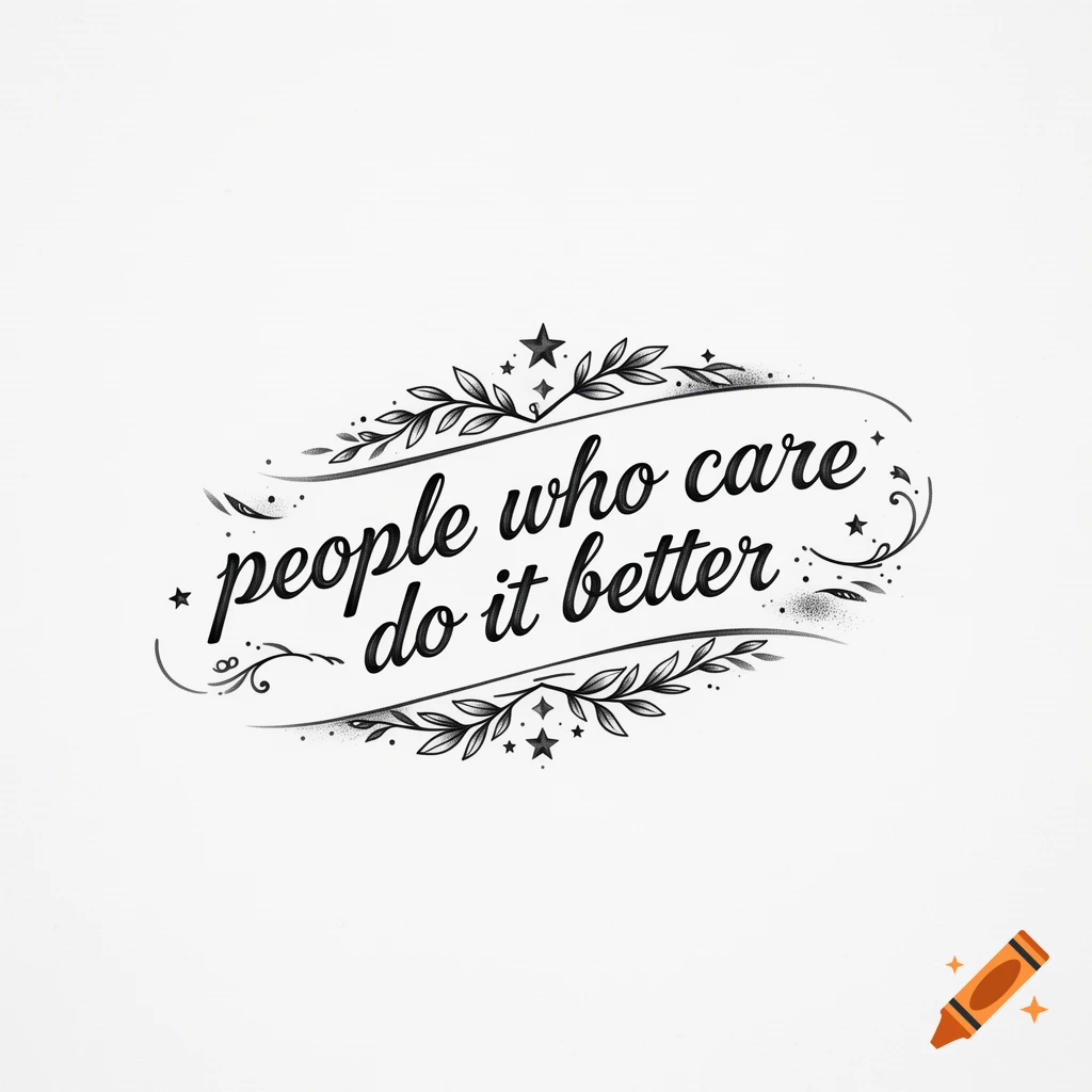 Black and white tattoo design with leafy branches, stars, and the text "people who care do it better".
