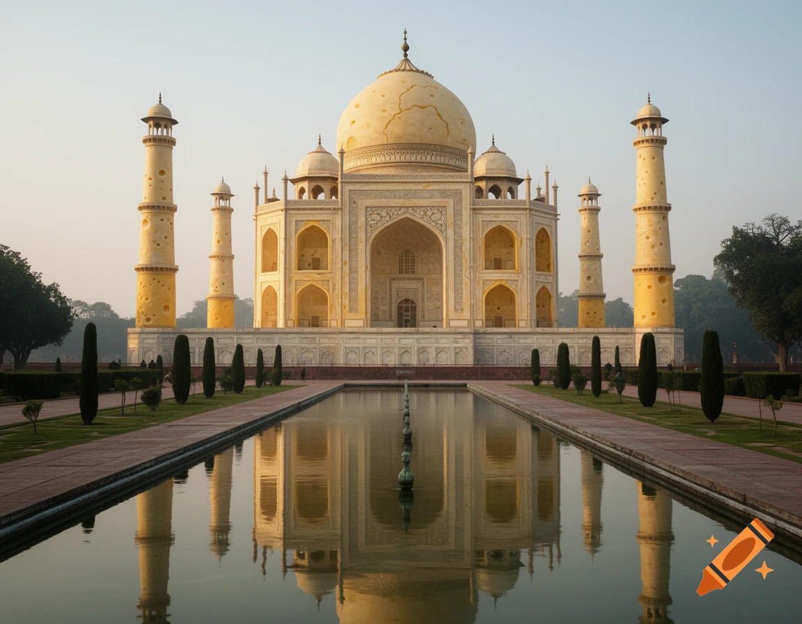 The Taj Mahal rendered entirely in well-aged cheese with holes, featuring a reflecting pool in front, photorealistic style.
