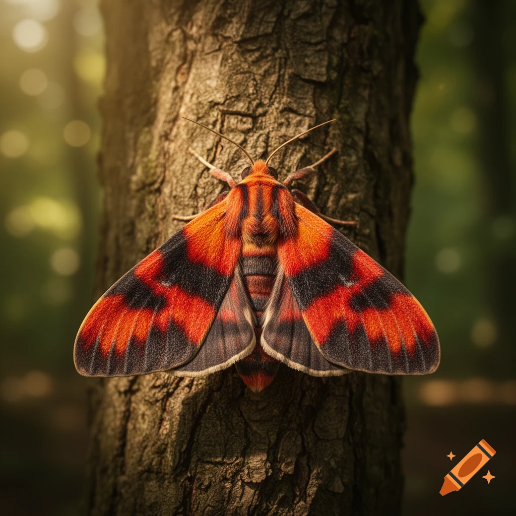 Close-up photorealistic image of a vibrant red and black moth resting on a tree trunk in a forest.