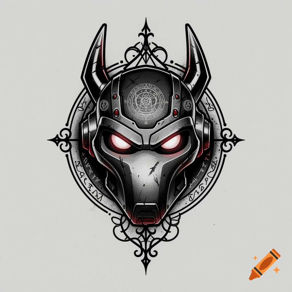 Dark fantasy tattoo design featuring the robotic head of Clank with glowing red eyes and intricate framing, in black and grey style.