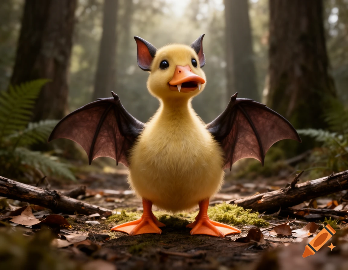 Photorealistic image of a cute duckbat standing on a forest floor, combining features of a yellow duckling and a bat with wings and fangs.