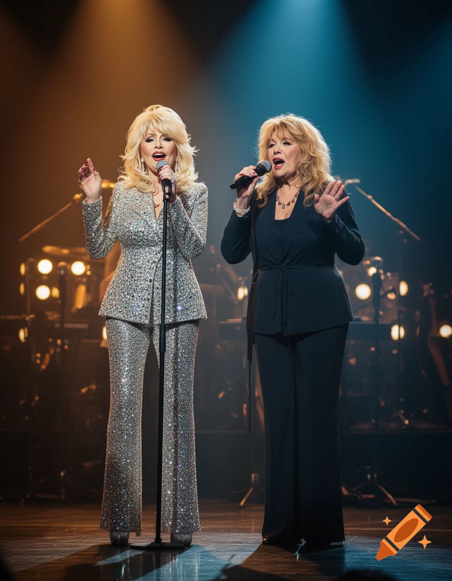 Photorealistic image of Dolly Parton and Bonnie Tyler singing together on stage into microphones, wearing sparkly outfits.