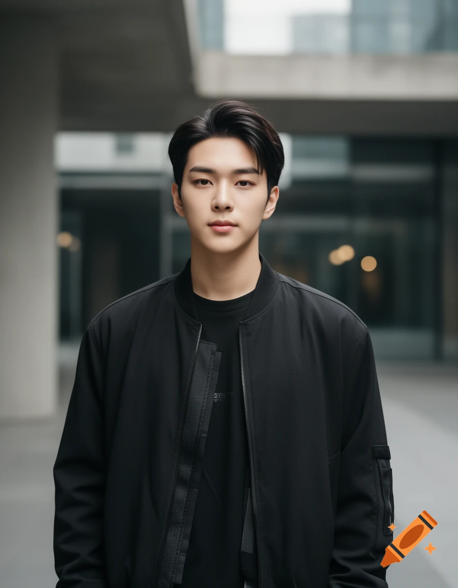 Photorealistic medium shot portrait of a young man with dark hair wearing a black bomber jacket in an outdoor urban setting.