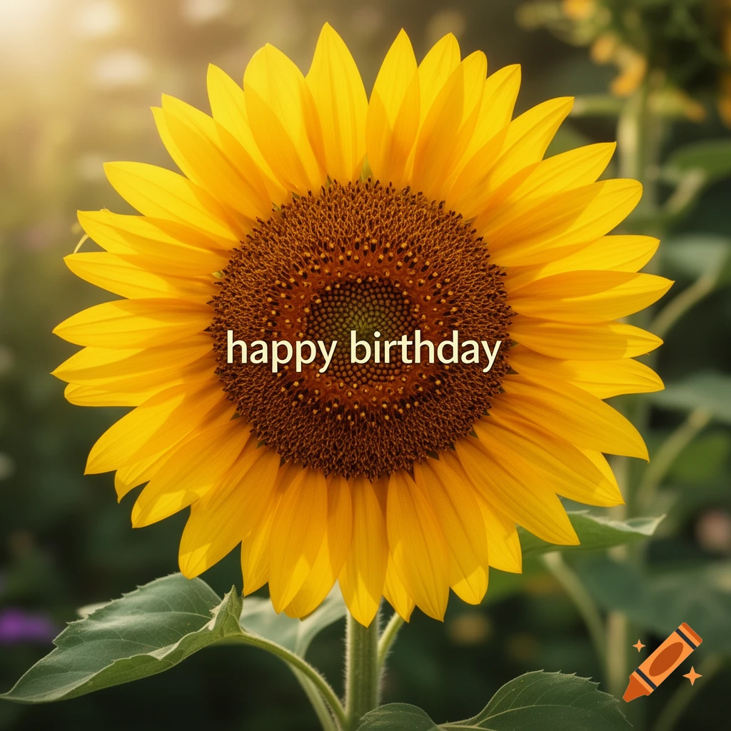 Close-up photorealistic shot of a vibrant yellow sunflower with the text happy birthday on its center disk.